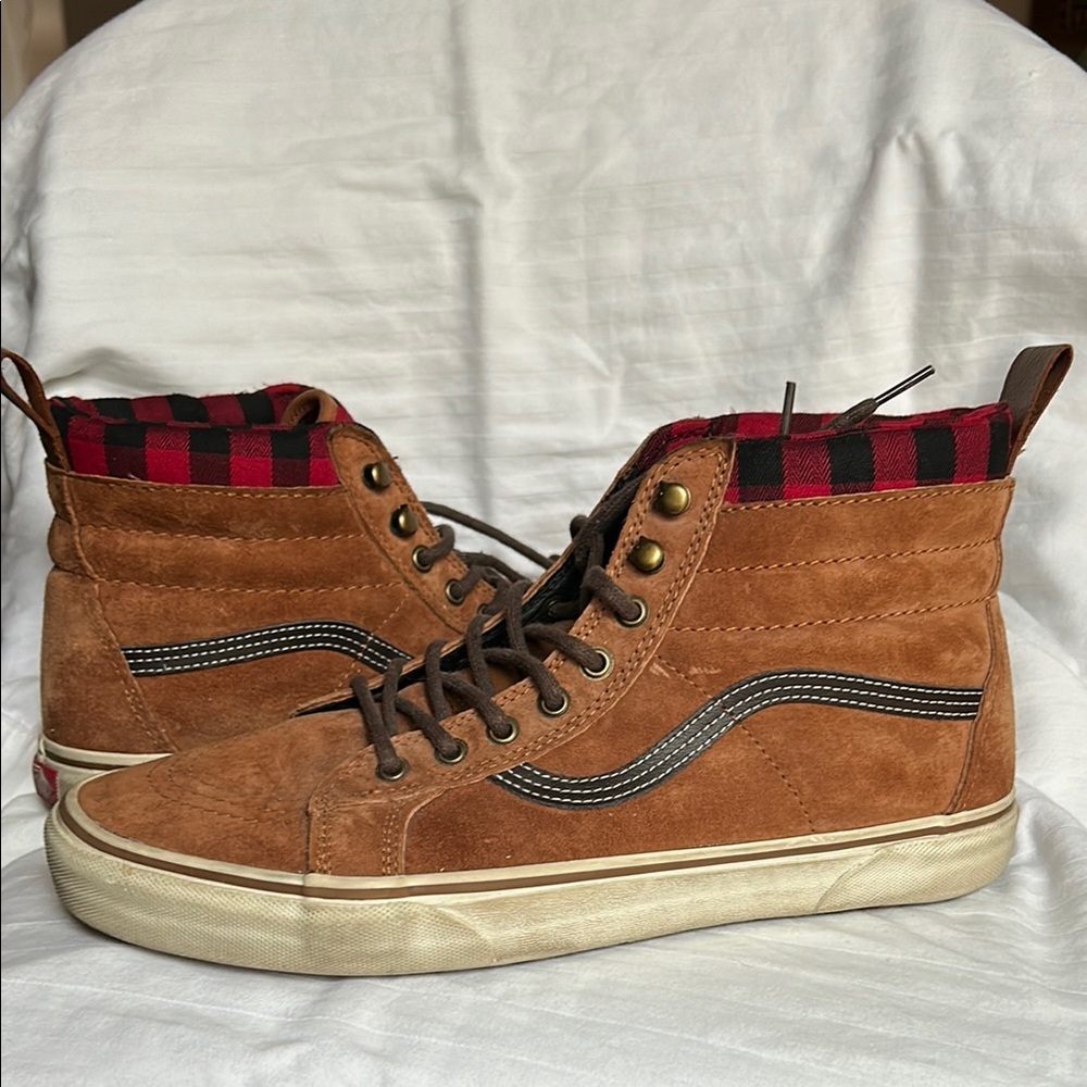 Vans Tan Suede Sneakers Red Black Buffalo Plaid Lining